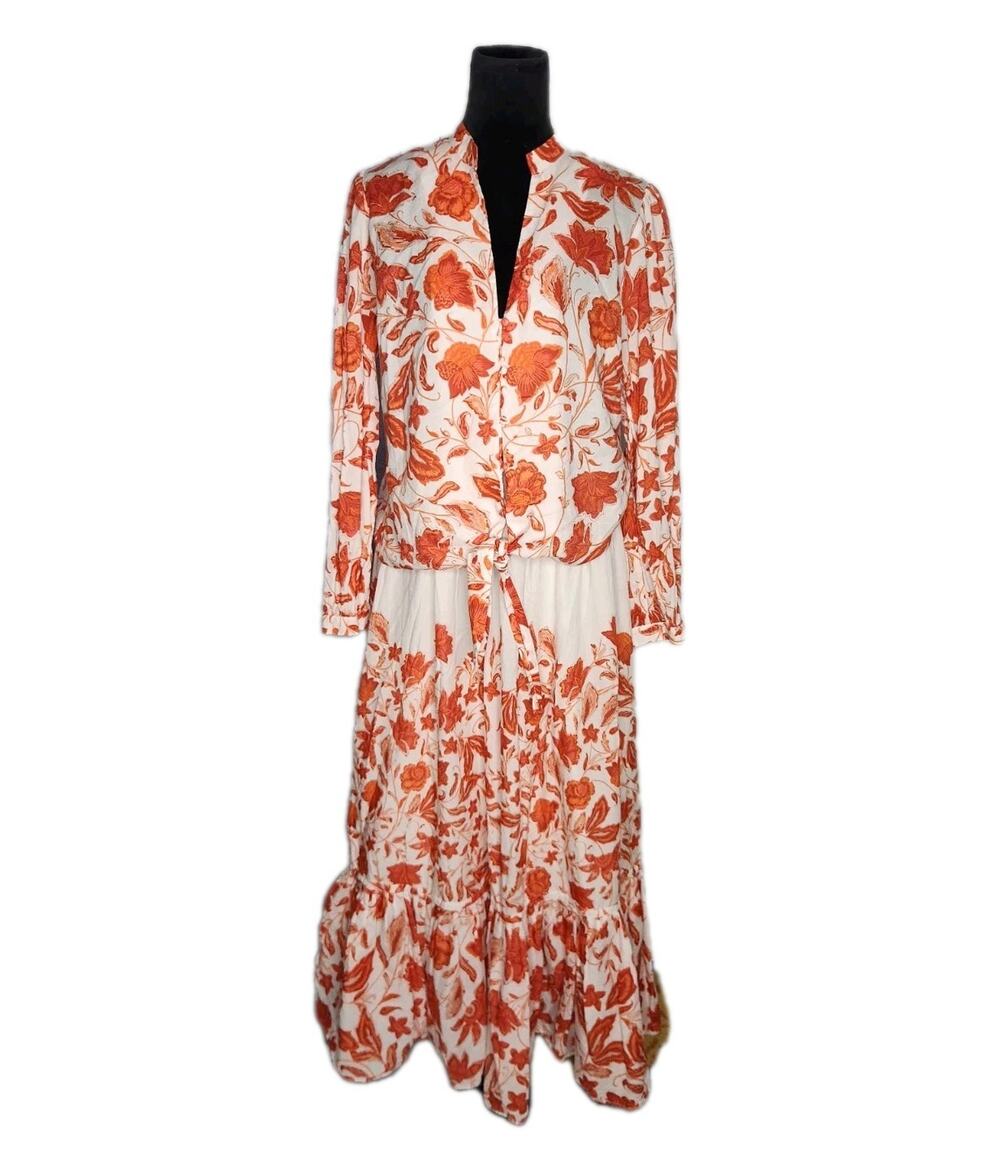 Antonio Melani 2 Piece Floral Maxi Skirt & Tie Front Blouse set Cotton Size L